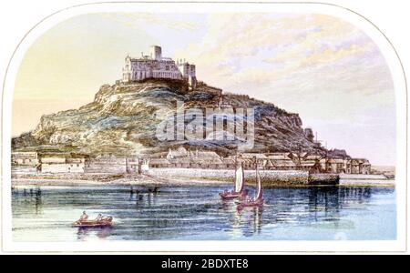 Eine farbige Abbildung von St. Michaels Mount, Cornwall UK, gescannt in hoher Auflösung aus einem Buch, das 1870 gedruckt wurde. Für urheberrechtlich frei gehalten. Stockfoto