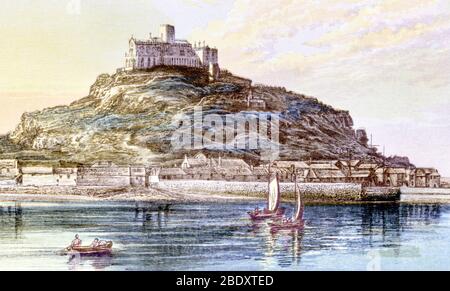 Eine farbige Illustration des St. Michaels Mount, Cornwall, gescannt in hoher Auflösung aus einem Buch gedruckt im Jahre 1870. Ich glaubte, dass das Urheberrecht frei ist. Stockfoto