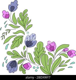 Vektorbild eines Eckrahmens aus blauen, rosa Blüten und Blättern. Für die Gestaltung von Karten, Hochzeitseinladungen, botanischen Illustrationen, Geschenkpapier Stock Vektor