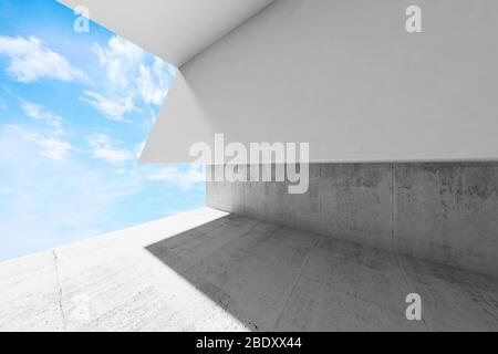 Leere konkrete Einrichtung mit weißen Wänden und leeres Fenster öffnen. Moderne minimalistische Architektur Hintergrund, 3D-Rendering illustration Stockfoto