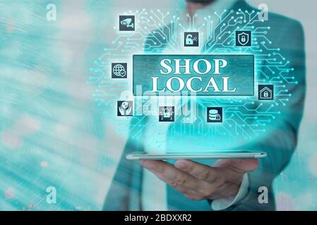 Text Zeichen zeigen Shop Lokal. Business Foto präsentiert eine Präferenz lokal produzierte Waren und Dienstleistungen zu kaufen Stockfoto
