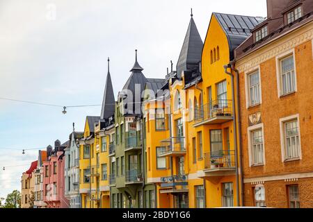 Helsinki Bunte Häuser in Street, Helsinki Finnland. Stockfoto