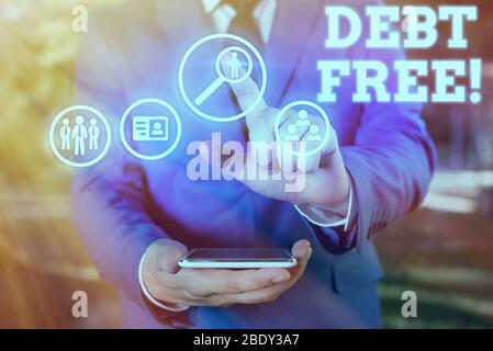 Textschild mit Schuldenfrei. Business-Foto präsentiert frei von Besitz von Geld für jede einzelne oder ein Unternehmen Stockfoto