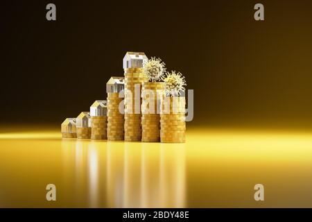 3d Render: Konzept: Rückgang der Wohnungspreise wegen der Koronakrise. Steigende Stapel von Münzen mit Häusern aus Acrylglas gekrönt. Fallen Stockfoto