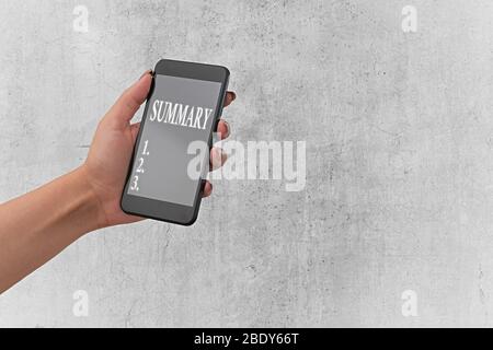 Handschrift Text schreiben Zusammenfassung. Konzeptionelle Foto eine kurze Erklärung oder ein Konto der wesentlichen Punkte der etwas Stockfoto