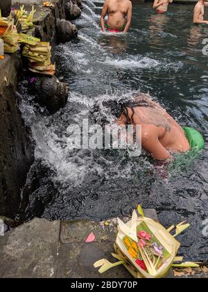 23. APRIL 2019-BALI INDONESIEN : Mann, der in Brunnen heiligen Wassers in Tirta empul Tempel ein Bad nimmt. Religion und Kultur. Stockfoto