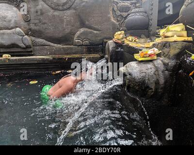 23. APRIL 2019-BALI INDONESIEN : Mann, der in Brunnen heiligen Wassers in Tirta empul Tempel ein Bad nimmt. Religion und Kultur. Stockfoto