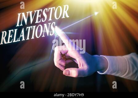 Handschriftertext zum Schreiben von Investor Relations. Konzeptionelle Verantwortung für das Fotomanagement, die Finanzierungen integriert Stockfoto