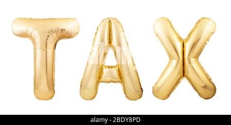 STEUERWORT aus aufblasbaren Ballons auf weißem Hintergrund isoliert Stockfoto