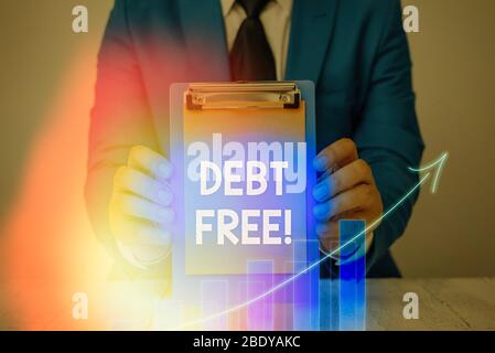 Textschild mit Schuldenfrei. Business-Foto präsentiert frei von Besitz von Geld für jede einzelne oder ein Unternehmen Stockfoto