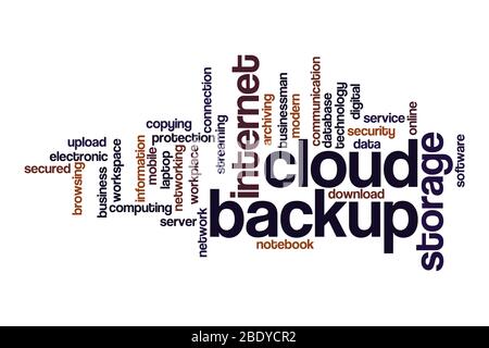 Cloud Backup Word Cloud Konzept auf weißem Hintergrund Stockfoto