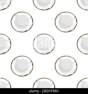 Nahtlose Muster mit Cartoon detaillierte exotische Hälfte Kokosnuss isoliert auf weißem Hintergrund. Sommerfrüchte für einen gesunden Lebensstil. Bio-Obst. Zeichentrickfilme Stock Vektor