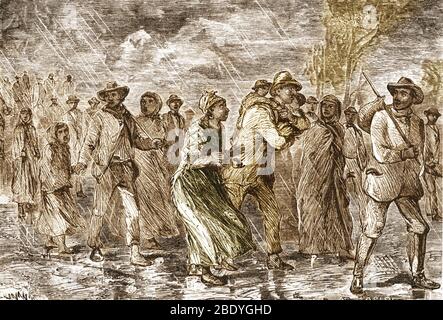 Sklaven, die zur unterirdischen Eisenbahn fliehen Stockfoto