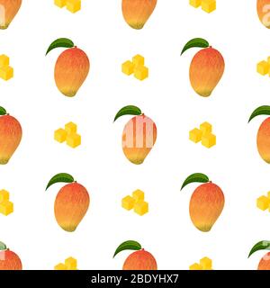 Nahtloses Muster mit frischen hellen exotischen ganze und geschnittene Mango isoliert auf weißem Hintergrund. Sommerfrüchte für einen gesunden Lebensstil. Bio-Obst. Auto Stock Vektor