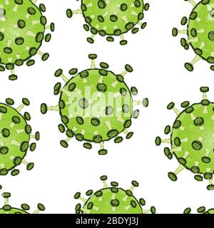 Vektor nahtlose Muster von ncov-2019 grünen Viren mit Nippel auf einem weißen Hintergrund isoliert. Textur für den Druck auf Papier antivirale Medikamente. Fliegen Stock Vektor