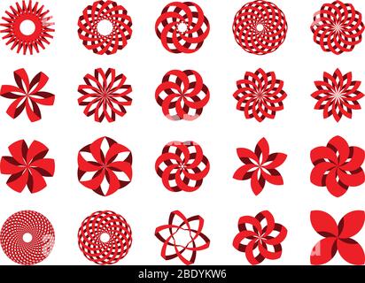 Set von 20 roten abstrakten 3d-Illustrationen Symbole im Vektorformat. Kann als Logo, im Branding oder für verschiedene Grafikdesign-Layouts verwendet werden. Stock Vektor