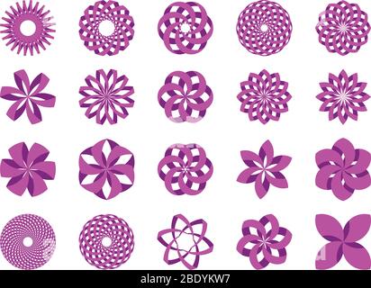 Set von 20 violett / rosa abstrakten 3d-Illustrationen Symbole im Vektorformat. Kann als Logo, im Branding oder für verschiedene Grafikdesign-Layouts verwendet werden. Stock Vektor