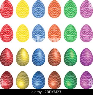 Bunte Ostereier Illustrationen, isoliert auf weiß (Vektor). Rote, gelbe, blaue, orange, grüne, violette Eier mit 3D-Effekt. Stock Vektor