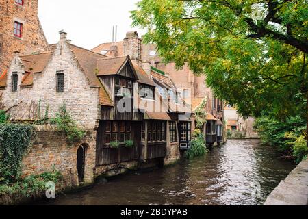 Fabelhafte mittelalterliche Häuser direkt am Kanal neben der Boniface Brücke Bonifaciusbrug. Ivy-bedeckte Wände und ein Innenhof mit Zugang zu wat Stockfoto