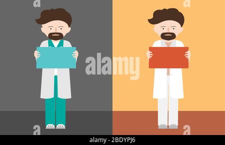 Cartoon-Illustration eines bärtigen stehenden Mannes, Doktors oder Professors. Halten in der Hand leere Zeichen oder Baner in verschiedenen Farben mit Platz für Text - vec Stock Vektor