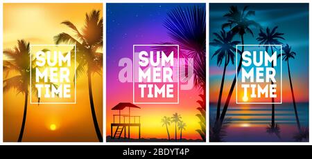 Sommer tropischen Strand Hintergründe mit Palmen, Himmel Sonnenaufgang und Sonnenuntergang. Sommer Plakat Poster Flyer Einladungskarte. Sommerzeit. Stock Vektor