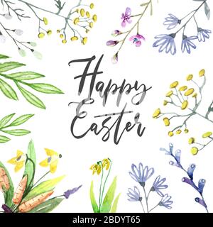 Bunte Happy Ostern Grußkarte mit Blumen Eier und Kaninchen Elemente Zusammensetzung. Datei in Ebenen für einfache Bearbeitung organisiert. Stockfoto