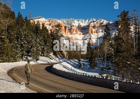 Mann, der im Winter an einer zweispurigen Straße entlang läuft. Oben sind Wüstenfelsen, die mit Schnee bedeckt sind. Stockfoto