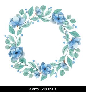 Aquarell Kranz Einladung auf weißem Hintergrund. Blaue Anemone Blüten und türkisfarbene Zweige Stockfoto