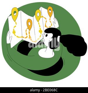 Frau, die auf die Karte schaut. Frau plant ihre Route Stock Vektor