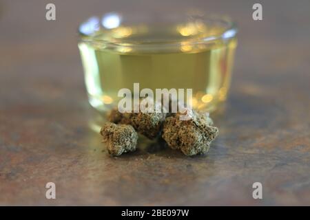 Marihuana und Olivenöl. Thema der Herstellung von Kannaöl Stockfoto