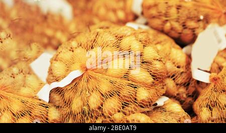 Blumenzwiebeln für die Pflanzung in einem Gitter in einem Geschäft zum Verkauf. Samen für die Pflanzung von Haus- und Gartenpflanzen. Stockfoto