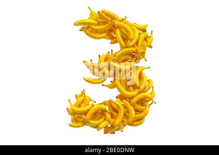 Nummer 3 von Bananen, 3D-Rendering isoliert auf weißem Hintergrund Stockfoto