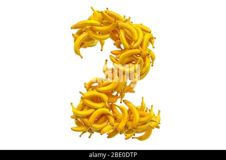 Nummer 2 von Bananen, 3D-Rendering isoliert auf weißem Hintergrund Stockfoto