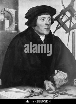 Nicholas Kratzer (1487 - 1550) war ein deutscher Mathematiker, Astronom und Horologe (das Studium der Zeit). Kratzer kam 1516 nach England und etablierte sich als Teil des künstlerischen und wissenschaftlichen Kreises um Sir Thomas More. Er betreutes Mehr's Kinder in Mathematik und Astronomie und seine Talente erhalten ihn eine Position als Astronom und Uhr Hersteller zu König Heinrich VIII. Er arbeitete auch mit Holbein an der Herstellung von Karten, und im Gegenzug produzierte der Künstler ein Porträt von ihm im Jahr 1528, das jetzt hängt im Louvre. Es zeigt den Handwerker, umgeben von den Werkzeugen seines Handwerks. Er starb ich Stockfoto