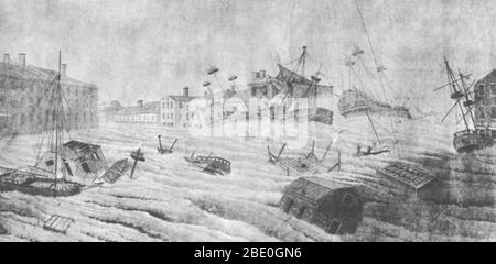 Die große Septembergale von 1815 (das Wort Hurrikan war damals noch nicht aktuell im amerikanischen Englisch) ist einer von fünf großen Hurrikans (Kategorie 3 auf der Saffir-Simpson Hurricane Skala), die seit 1635 Neuengland treffen. Zum Zeitpunkt des Sturms war die große Septembergale der erste Hurrikan, der Neuengland seit 180 Jahren traf. Der Sturm traf Long Island am 23. September 1815, wahrscheinlich an Land in der Nähe von Center Moriches (Ludlum) um 7:00 UHR NACH dem Schlag auf Long Island, der Hurrikan verursacht große Schäden in Connecticut, Massachusetts, New Hampshire und Rhode Island. Rhode Island Suffe Stockfoto