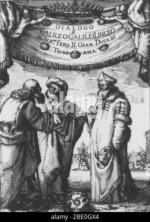 Aristoteles, Ptolemäus und Kopernikus. Frontispiz geätzt von Sefano della Bella aus Galileo Galileis Dialogo...sopra i due massimi sistemi del mondo (Dialog über die beiden Hauptweltsysteme), veröffentlicht in Florenz von Giovannie Batista Landini, 1632. Aristoteles (384 v. Chr. - 322 v. Chr.) war ein griechischer Philosoph, der als Begründer der Logik bekannt war. Er hatte eine geozentrische Sicht auf den Himmel, der aus 55 konzentrischen und kristallinen Sphären bestand. Ptolemäus (c. 85 - 165 n. Chr.) war ein ägyptischer Astronom, der das Ptolematische System, das hielt, dass die Erde im Zentrum des Universums, mit dem p Stockfoto