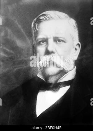 George Westinghouse, Jr. (6. Oktober 1846 - 12. März 1914) war ein amerikanischer Unternehmer und Ingenieur, der die Eisenbahn-Luftbremse erfand und ein Pionier der Elektroindustrie war. Westinghouse war einer der Hauptrivalen von Edison in der frühen Implementierung des amerikanischen Stromsystems. Westinghouse System letztlich überwog Edison Beharren auf Gleichstrom. 1893 erhielt die Westinghouse-Firma den Auftrag, ein AC-Netz zur Stromversorgung der Weltausstellung in Chicago einzurichten, was dem Unternehmen und der Technologie eine breite positive Werbung verlieh. Er erhält auch Stockfoto