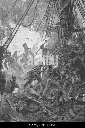 Die Mannschaften der USS Bonhomme Richard und HMS Serapis kämpfen gegen sie. Die Schlacht von Flamborough Head war eine Seeschlacht, die am 23. September 1779 in der Nordsee vor der Küste von Yorkshire stattfand und Jones' Bonhomme Richard gegen das britische Schiff Serapis anpittte. Mit ihrer größeren Manövrierbarkeit und schwereren Waffen, die Serapis Raked und schlug die Bonhomme Richard. Jones konterte, indem er die Serapis rammte und seine Crew die Schiffe mit Greifhaken zusammenbinden ließ. Die Schiffe schossen weiter ineinander, als die beiden Marinesoldaten auf gegnerische Besatzung und Offiziere schossen. Ein amerikanischer Versuch Stockfoto