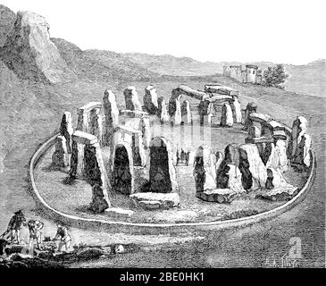 Stonehenge ist ein prähistorisches Denkmal in Wiltshire, England. Stonehenge ist eine der berühmtesten Stätten der Welt und die Überreste eines Ringes aus stehenden Steinen, die in Erdarbeiten errichtet wurden. Es liegt inmitten des dichtesten Komplexes von neolithischen und bronzezeitlichen Denkmälern in England, einschließlich mehrerer hundert Grabhügel. Archäologische Beweise deuten darauf hin, dass Stonehenge von seinen frühesten Anfängen ein Grabplatz gewesen sein könnte. Die Stätte und ihre Umgebung wurden 1986 in die Liste des Weltkulturerbes der UNESCO aufgenommen. Bild aufgenommen von Seite 521 von 'La création de l'homme et les premiers âges de Stockfoto