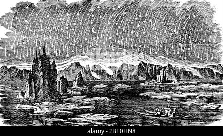 Als Astronomen begannen, die physische Natur von Kometen zu erforschen, fanden sie, dass Meteore aus Staub kamen, der von Kometen hinterlassen wurde. Ein Meteorschauer ist ein himmlisches Ereignis, bei dem eine Reihe von Meteoren beobachtet werden, um von einem Punkt im Nachthimmel auszustrahlen oder zu stammen. Diese Meteore werden durch Ströme kosmischer Trümmer verursacht, die Meteoroide genannt werden, die mit extrem hohen Geschwindigkeiten auf parallelen Bahnen in die Erdatmosphäre eindringen. Die meisten Meteore sind kleiner als ein Sandkorn, so dass fast alle von ihnen zerfallen und nie die Erdoberfläche treffen. Ein Stich aus Seite 334 von 'die Kinderfee Geographie, oder EIN Frohes Stockfoto