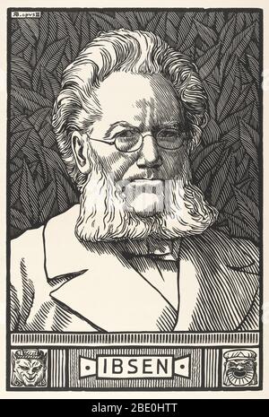 Porträt von Henrik Ibsen, von 1899, des schottischen Künstlers Robert Bryden (1865-1939). Ibsen war ein bedeutender norwegischer Dramatiker, Theaterregisseur und Dichter des 19. Jahrhunderts. Er wird oft als "Vater des Realismus" bezeichnet und ist einer der Begründer der Theatermoderne. Zu seinen Hauptwerken zählen Brand, Peer Gynt, ein Feind des Volkes, Kaiser und Galiläer, EIN Puppenhaus, Hedda Gabler, Geister, die Wilde Ente, Rosmersholm und der Meisterbauer. Stockfoto