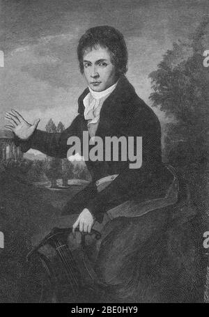 Ludwig van Beethoven (getauft am 17. Dezember 1770 - 26. März 1827) war ein deutscher Komponist und Pianist. Als entscheidende Figur im Übergang zwischen der klassischen und der romantischen Epoche der westlichen Kunstmusik ist er einer der berühmtesten und einflussreichsten Komponisten. Beethoven wurde in Bonn geboren, zog aber Anfang der 20er Jahre nach Wien, studierte bei Joseph Haydn und erarbeitete sich schnell einen Ruf als virtuoser Pianist. Seine Hörfähigkeit begann in seinen späten Zwanzigern zu verschlechtern, doch er fuhr fort zu komponieren, zu führen und zu spielen, auch nachdem er völlig taub geworden war. In etwa 1800 begann seine Anhörung zu abschrecken Stockfoto