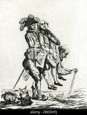 Titel: 'A faut esperer q'eu se jeu la finira bentot.' Zeigt den Adel und den Klerus, der die allgemeinen Güter vertritt, auf dem Rücken eines Mannes, der die Arbeiterklasse vertritt, oder einen dritten Hof; Der Mann ist unter seinem Gewicht gebeugt und stützt sich, indem er sich auf ein adz-ähnliches Werkzeug stützt, während um seine Füße Vögel und Kaninchen am Produkt seiner Arbeit schnammen. Die Generalstände von 1789 waren die erste Sitzung seit 1614 der französischen Generalstände, eine Generalversammlung, die die französischen Güter des Reiches vertritt: Den Klerus (erster Stand), die Adligen (zweiter Stand) und das einfache Volk Stockfoto