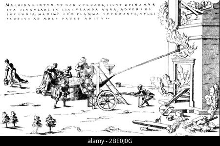 Frühe Pumper verwendeten Zisternen als Quelle von Wasser. Jacques Besson (1540 - 1573) war ein französischer Erfinder, Mathematiker und Philosoph, vor allem in Erinnerung für seine populäre Abhandlung über Maschinen Theatrum Instrumentorum (1571-72), sah viele Abzüge in verschiedenen Sprachen. Besson's Arbeit war eine Sammlung seiner eigenen neuen Erfindungen mit detaillierten Illustrationen von jedem graviert von Jacques Andruuet du Cerceau zu seinen Spezifikationen. Einige seiner Entwürfe schlugen wichtige Verbesserungen an Drehmaschinen und dem Wasserrad vor. Die lateinischen Bildunterschriften zu den sehr detaillierten Zeichnungen waren jedoch spärlich, was sehen würde Stockfoto