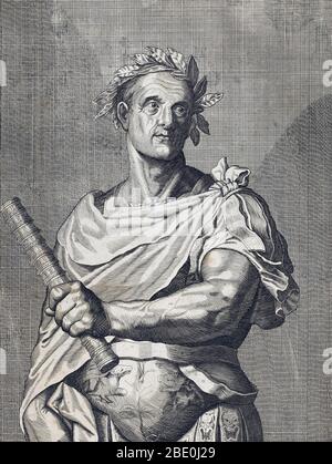 Gaius Julius Caesar (100-44 v. Chr.) war ein römischer General und Staatsmann. Er spielte eine entscheidende Rolle bei der allmählichen Umwandlung der römischen Republik in das römische Reich. In militärischen Kampagnen zur Sicherung der römischen Herrschaft über die Provinz Gallien (heute Frankreich) gewann er viel Prestige. Der römische Senat, aus Angst vor seiner Macht, befahl ihm, seine Armee zu lösen, aber Caesar weigerte sich, überquerte den Rubicon Fluss, kehrte nach Rom mit seiner Armee, und machte sich Diktator. Auf einer anschließenden Kampagne in Asien berichtete er dem Senat: "Ich kam, ich sah, ich eroberte." Caesar wurde von seinem Freund Brutus und o ermordet Stockfoto