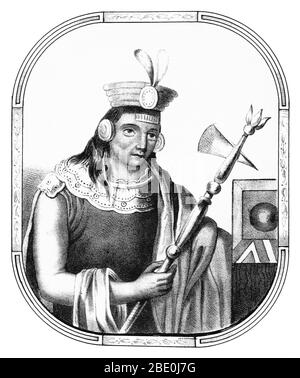 Manco Cápac war, nach Meinung einiger Historiker, der erste Gouverneur und Gründer der Inka-Zivilisation in Cusco, möglicherweise im frühen 13. Jahrhundert. Er ist auch eine Hauptfigur der Inka-Mythologie, er ist der Protagonist der beiden bekanntesten Legenden über die Herkunft der Inka, die beide ihn mit der Gründung von Cusco verbinden. Seine Hauptfrau war Mama Uqllu, auch Mutter seines Sohnes und Nachfolger Sinchi Ruq'a. Obwohl seine Figur in mehreren Chroniken erwähnt wird, bleibt seine tatsächliche Existenz unklar. Bild von Seite 42 von 'Recuerdos de la Monarquia Peruana, ó boquejo de la historia d Stockfoto