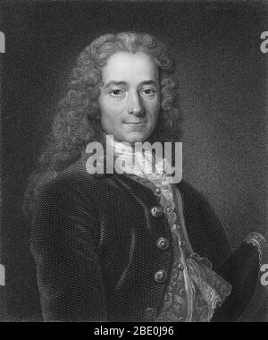 Francois-Marie Arouet (November 21, 1694 - Mai 30, 1778), bekannt durch seine Nom de plume Voltaire, war ein französischer Aufklärung Schriftsteller, Historiker und Philosoph berühmt für seinen Witz, seine Angriffe auf die katholische Kirche, und sein Eintreten für die Freiheit der Religion, Freiheit der Meinungsäußerung und die Trennung von Kirche und Staat. Voltaire war ein vielseitiger Schriftsteller, die Produktion in fast allen literarischen Form, darunter Theaterstücke, Gedichte, Romane, Essays und historischen und wissenschaftlichen Arbeiten. Er schrieb mehr als 20.000 Briefe und mehr als 2.000 Bücher und Broschüren. Er war ein ausgesprochener Verfechter, trotz der Ris Stockfoto