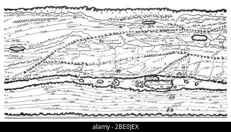 Detail der Tabula Peutingeriana, einer bebilderten Itinerarium (road map) mit dem cursus publicus, das Straßennetz im Römischen Reich. Die ursprüngliche Karte, auf der sie basiert, wahrscheinlich stammt aus dem 4. oder 5 Jahrhundert und wurde selbst auf einer Karte von Agrippa während der Herrschaft des Kaisers Augustus (27 v. Chr. - 14 v. Chr.) unter der Leitung von Marcus Vipsanius Agrippa, ein Freund des Augustus. Nach dem Tod des Agrippa, die Karte wurde auf Marmor graviert und platziert in der porticus Vipsaniae, nicht weit von der Ara Pacis. Stockfoto