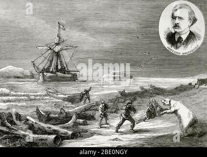 "Bewährte" Besatzungsmitglieder, die von einem Eisbären angegriffen werden. Stockfoto