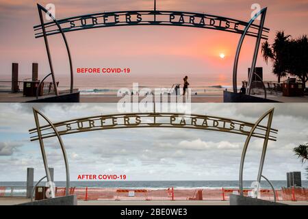 Surfers Paradise vor nach Covid-19 Strand Schließung Konzept. Coronavirus Sperrung für Surfers Paradise berühmten ikonischen Strand, Gold Coast, Australien Stockfoto
